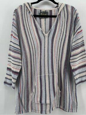 Natural Reflections Knit V-Neck Blouse Cream Stripe Cotton Hooded L